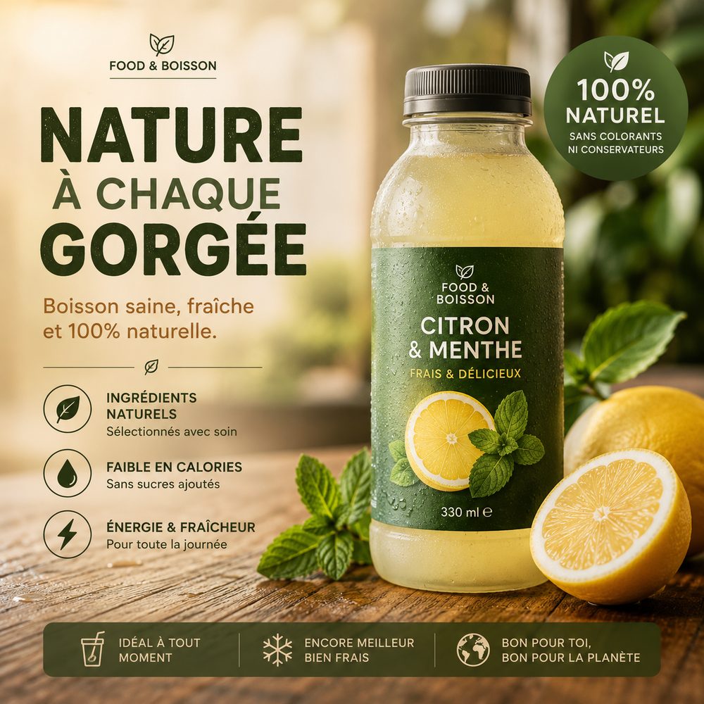 Visuel publicitaire boisson naturelle citron menthe