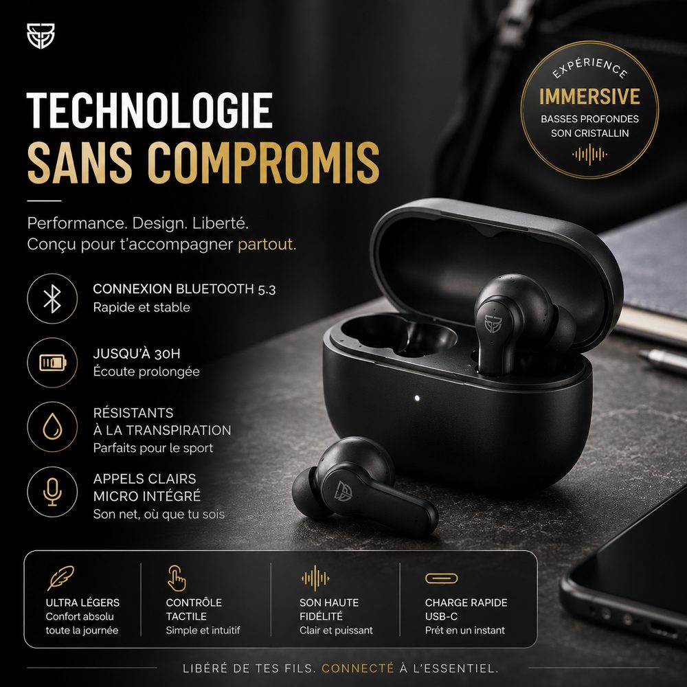 Visuel publicitaire tech — écouteurs sans fil